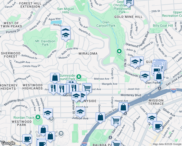 map of restaurants, bars, coffee shops, grocery stores, and more near 906 Teresita Boulevard in San Francisco
