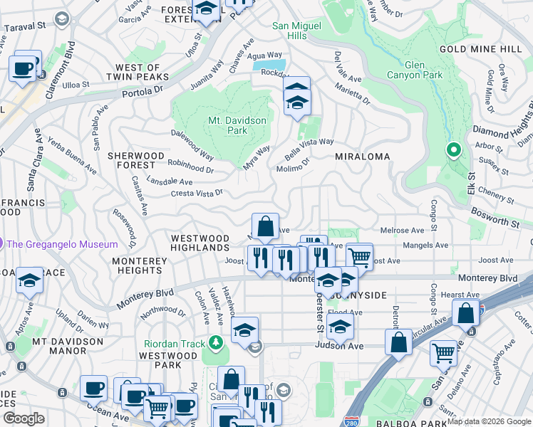 map of restaurants, bars, coffee shops, grocery stores, and more near 480 Melrose Avenue in San Francisco