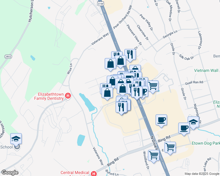 map of restaurants, bars, coffee shops, grocery stores, and more near 157 Towne Drive in Elizabethtown