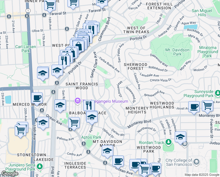 map of restaurants, bars, coffee shops, grocery stores, and more near  in San Francisco
