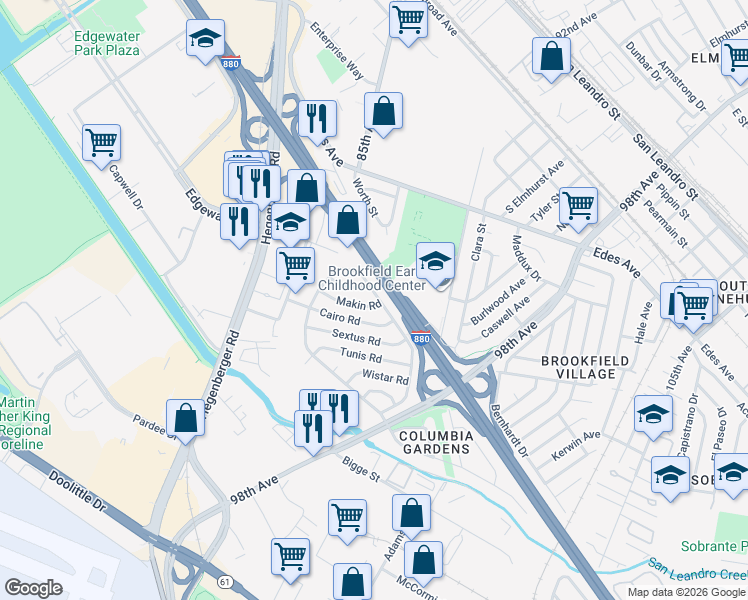 map of restaurants, bars, coffee shops, grocery stores, and more near 9331 Coral Road in Oakland