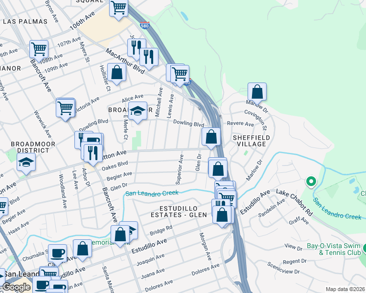 map of restaurants, bars, coffee shops, grocery stores, and more near 1155 Dutton Avenue in San Leandro