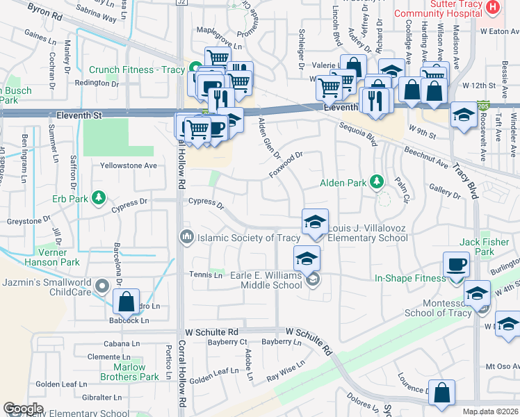 map of restaurants, bars, coffee shops, grocery stores, and more near 1710 Stags Leap Court in Tracy