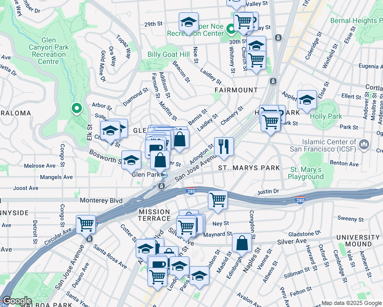 map of restaurants, bars, coffee shops, grocery stores, and more near 2 Chenery Street in San Francisco