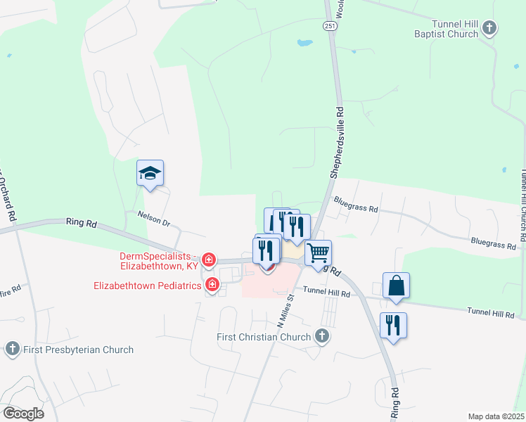 map of restaurants, bars, coffee shops, grocery stores, and more near 2875 Shepherdsville Road in Elizabethtown