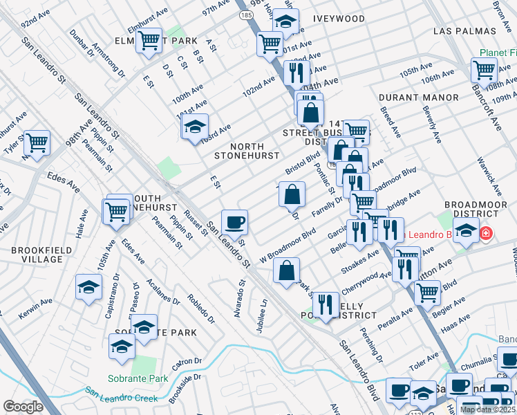 map of restaurants, bars, coffee shops, grocery stores, and more near 348 Lexington Avenue in San Leandro