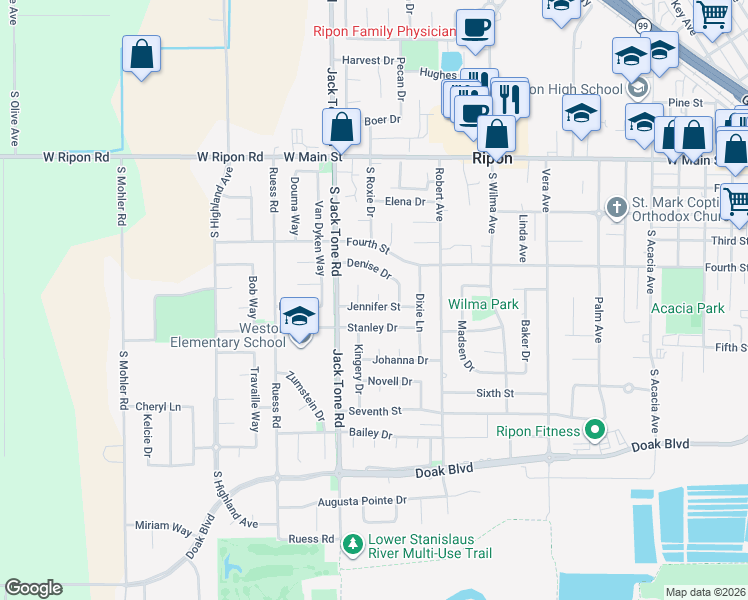 map of restaurants, bars, coffee shops, grocery stores, and more near 1425 Stanley Drive in Ripon