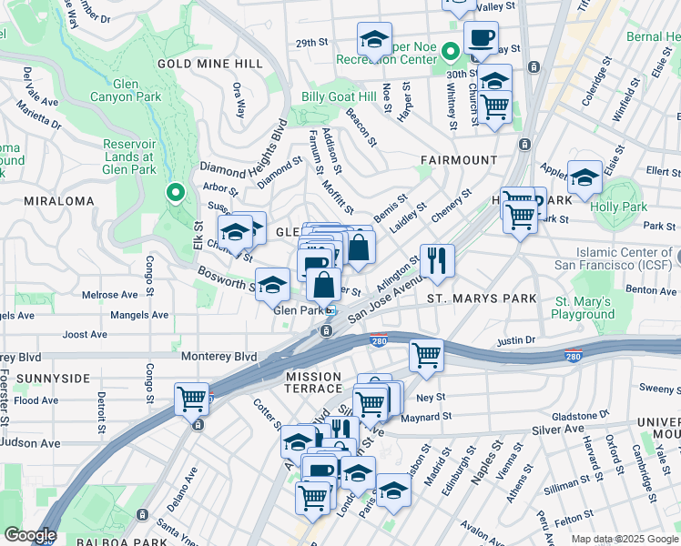 map of restaurants, bars, coffee shops, grocery stores, and more near 642 Chenery Street in San Francisco