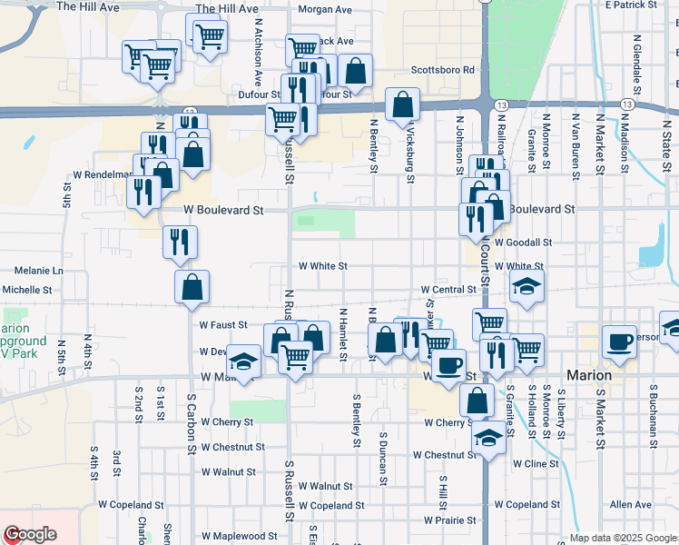map of restaurants, bars, coffee shops, grocery stores, and more near 600 North Hamlet Street in Marion