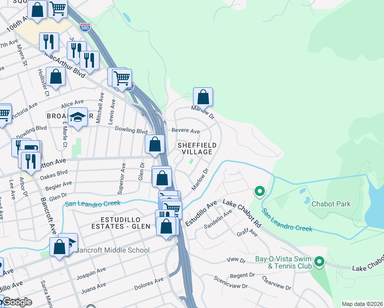map of restaurants, bars, coffee shops, grocery stores, and more near 3056 Roxbury Avenue in Oakland