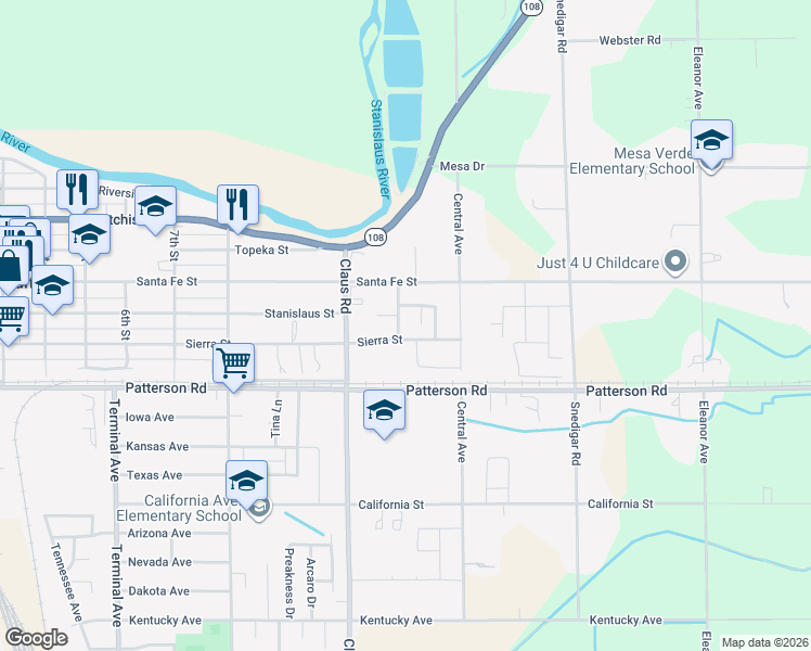 map of restaurants, bars, coffee shops, grocery stores, and more near 4157 Sierra Avenue in Riverbank