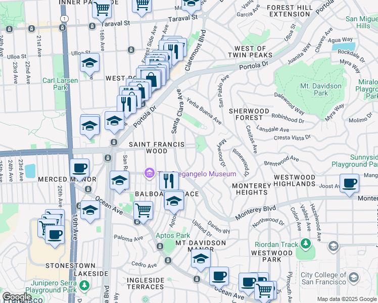 map of restaurants, bars, coffee shops, grocery stores, and more near 235 San Anselmo Avenue in San Francisco
