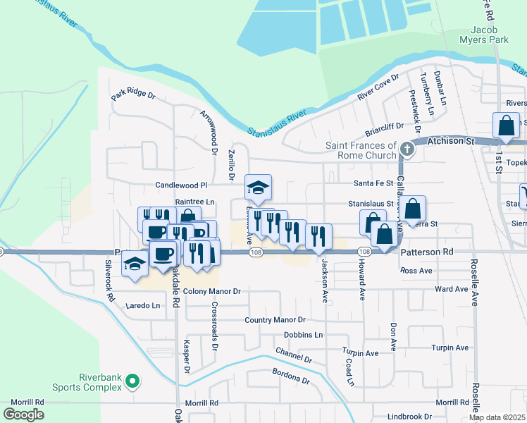 map of restaurants, bars, coffee shops, grocery stores, and more near 2400 Stanislaus Street in Riverbank