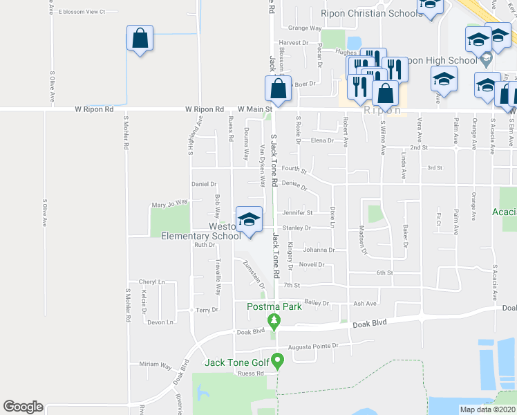 map of restaurants, bars, coffee shops, grocery stores, and more near 1631 Davis Street in Ripon
