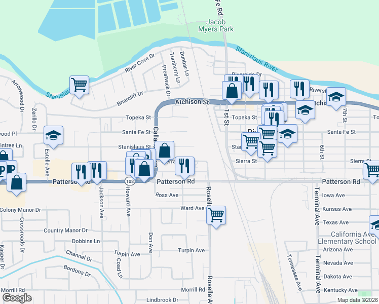 map of restaurants, bars, coffee shops, grocery stores, and more near 2916 Sierra Street in Riverbank