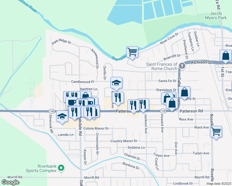 map of restaurants, bars, coffee shops, grocery stores, and more near 2400 Stanislaus Street in Riverbank