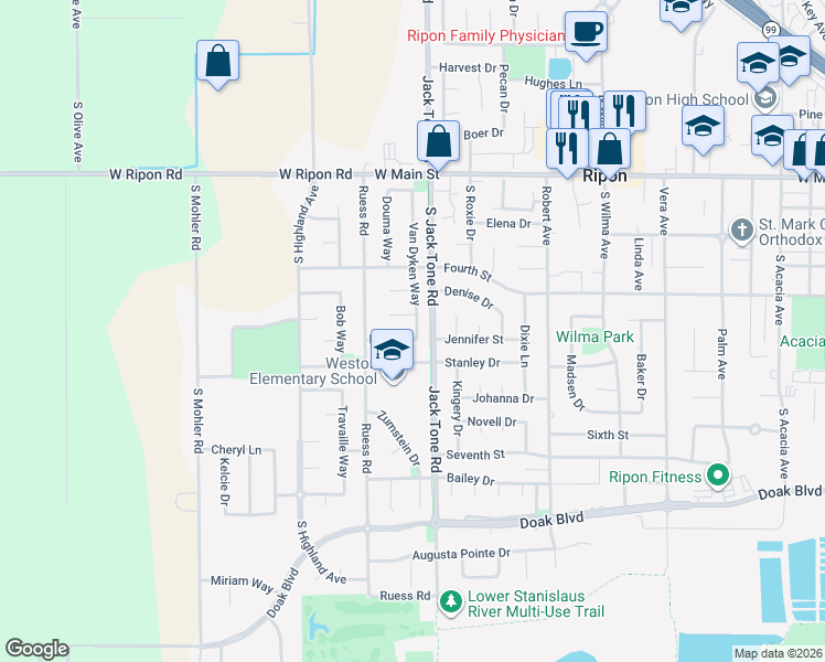 map of restaurants, bars, coffee shops, grocery stores, and more near 1625 Stanley Drive in Ripon