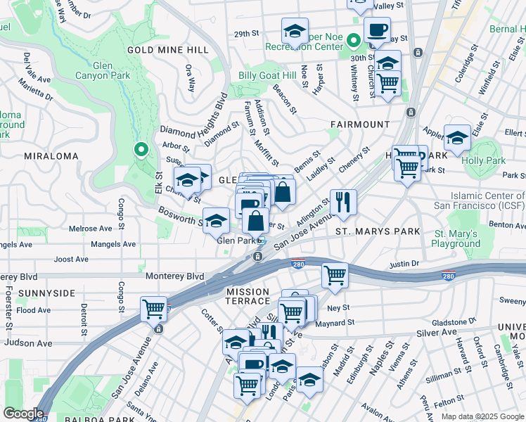 map of restaurants, bars, coffee shops, grocery stores, and more near 35 Wilder Street in San Francisco