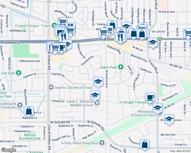 map of restaurants, bars, coffee shops, grocery stores, and more near 1590 Doe Trail Lane in Tracy