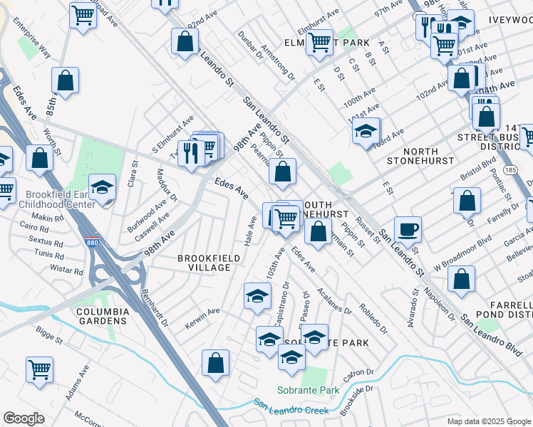 map of restaurants, bars, coffee shops, grocery stores, and more near 685 Cary Avenue in Oakland