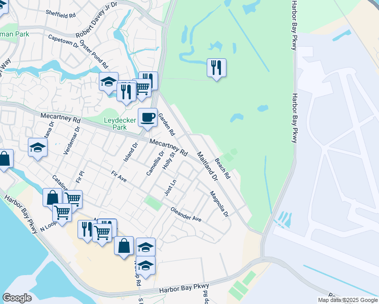 map of restaurants, bars, coffee shops, grocery stores, and more near 133 Mecartney Road in Alameda