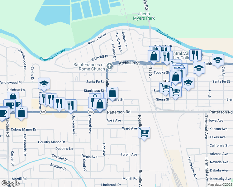 map of restaurants, bars, coffee shops, grocery stores, and more near 2830 Sierra Street in Riverbank