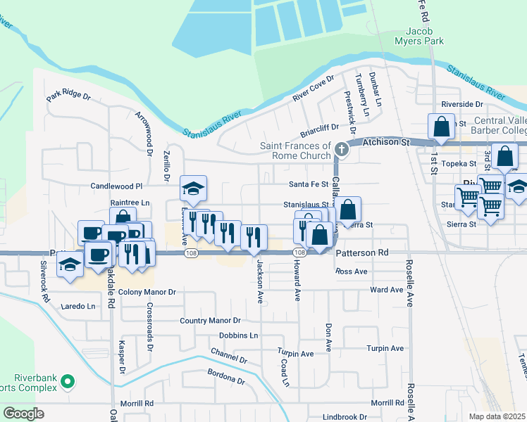 map of restaurants, bars, coffee shops, grocery stores, and more near 6448 Jackson Avenue in Riverbank