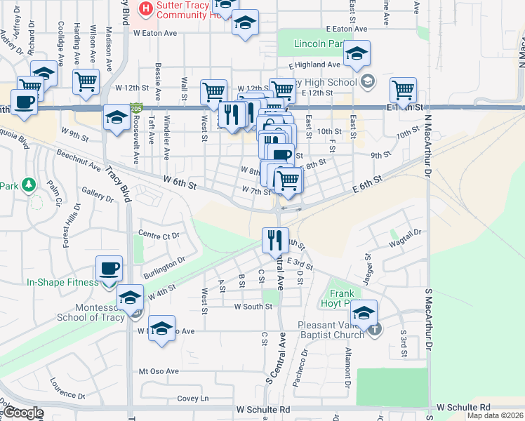 map of restaurants, bars, coffee shops, grocery stores, and more near 415-449 N Central Ave in Tracy