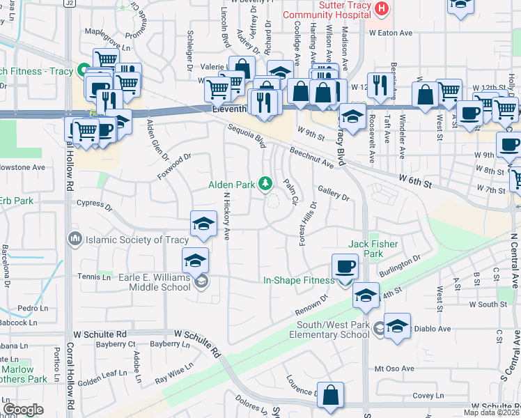map of restaurants, bars, coffee shops, grocery stores, and more near 1401 Cypress Drive in Tracy