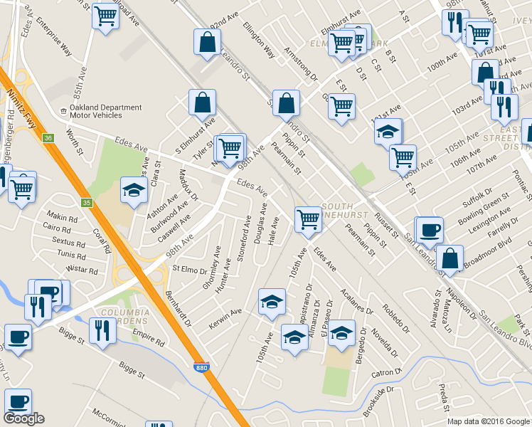map of restaurants, bars, coffee shops, grocery stores, and more near 630 Douglas Avenue in Oakland