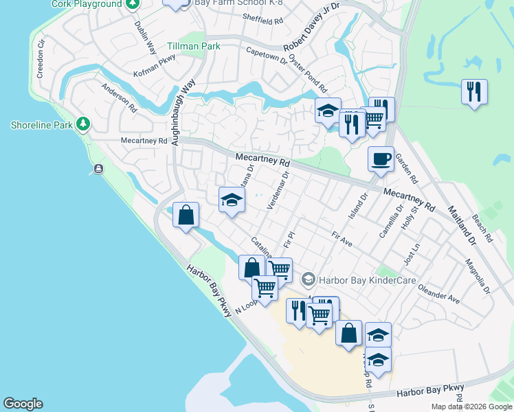 map of restaurants, bars, coffee shops, grocery stores, and more near 3039 Linda Vista in Alameda
