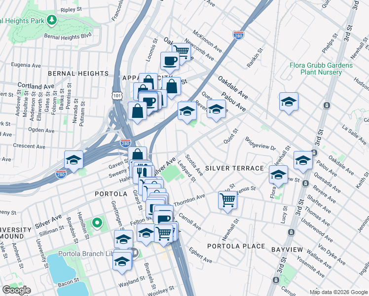 map of restaurants, bars, coffee shops, grocery stores, and more near 37 Scotia Avenue in San Francisco