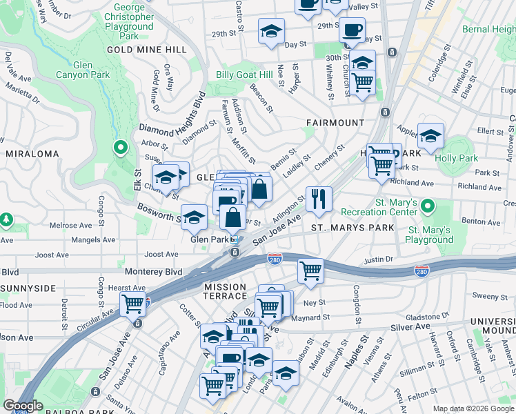 map of restaurants, bars, coffee shops, grocery stores, and more near 35 Wilder Street in San Francisco