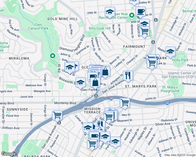 map of restaurants, bars, coffee shops, grocery stores, and more near 35 Wilder Street in San Francisco