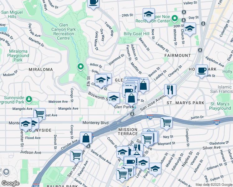 map of restaurants, bars, coffee shops, grocery stores, and more near 100 Lippard Avenue in San Francisco