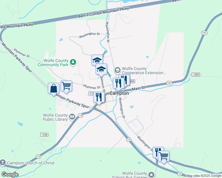 map of restaurants, bars, coffee shops, grocery stores, and more near 148 Main Street in Campton