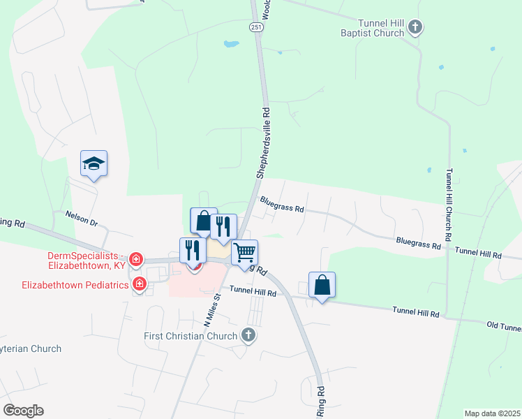 map of restaurants, bars, coffee shops, grocery stores, and more near 98 Blue Ridge Court in Elizabethtown