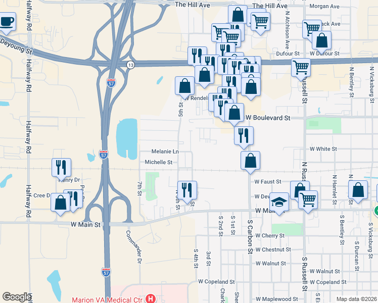 map of restaurants, bars, coffee shops, grocery stores, and more near 302 North 4th Street in Marion