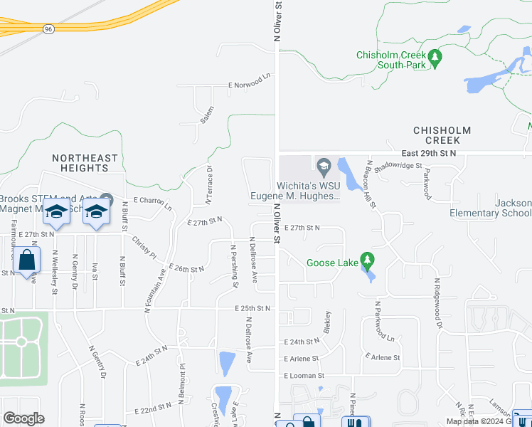 map of restaurants, bars, coffee shops, grocery stores, and more near 4743 E 27th St N in Wichita