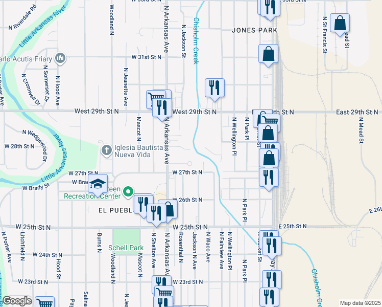 map of restaurants, bars, coffee shops, grocery stores, and more near 600 West North Court in Wichita
