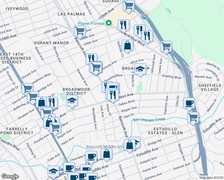 map of restaurants, bars, coffee shops, grocery stores, and more near 554 Bancroft Avenue in San Leandro