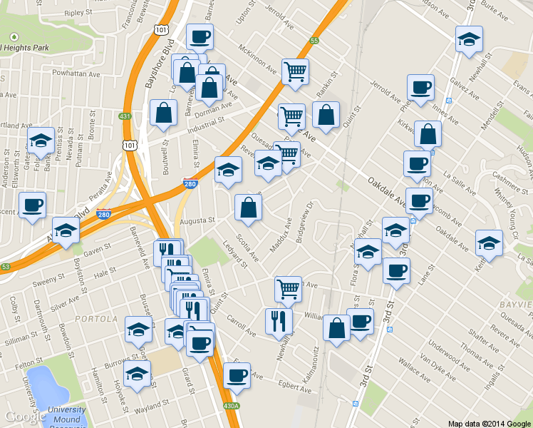 map of restaurants, bars, coffee shops, grocery stores, and more near 2051 Thomas Avenue in San Francisco