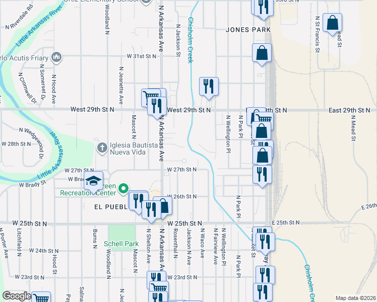 map of restaurants, bars, coffee shops, grocery stores, and more near 600 West North Court in Wichita