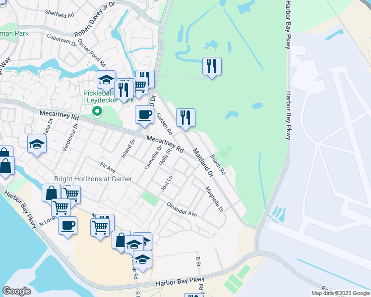 map of restaurants, bars, coffee shops, grocery stores, and more near 133 Mecartney Road in Alameda