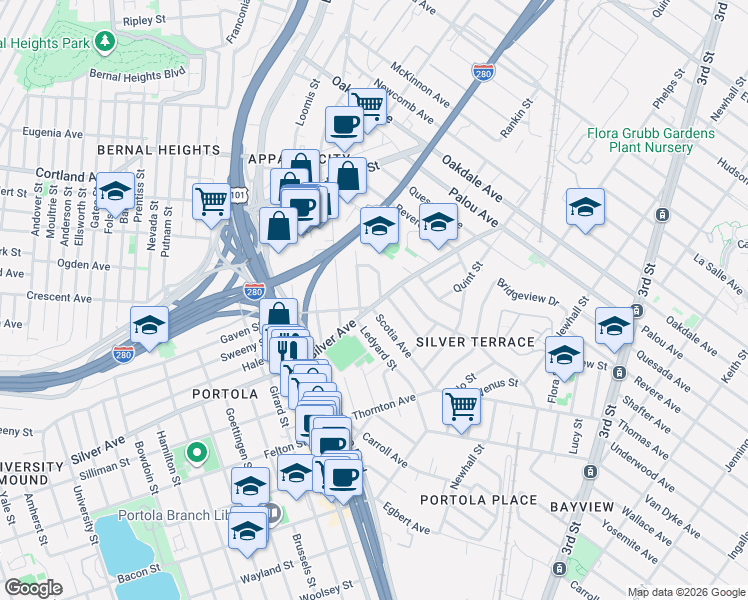 map of restaurants, bars, coffee shops, grocery stores, and more near 37 Scotia Avenue in San Francisco