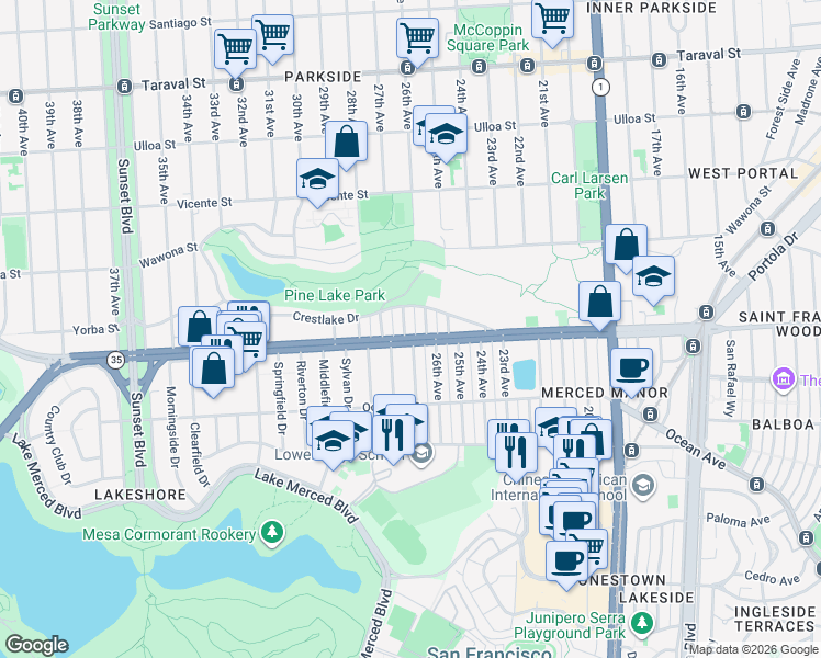 map of restaurants, bars, coffee shops, grocery stores, and more near 12 Inverness Drive in San Francisco