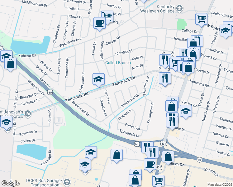 map of restaurants, bars, coffee shops, grocery stores, and more near 1612 Tamarack Road in Owensboro