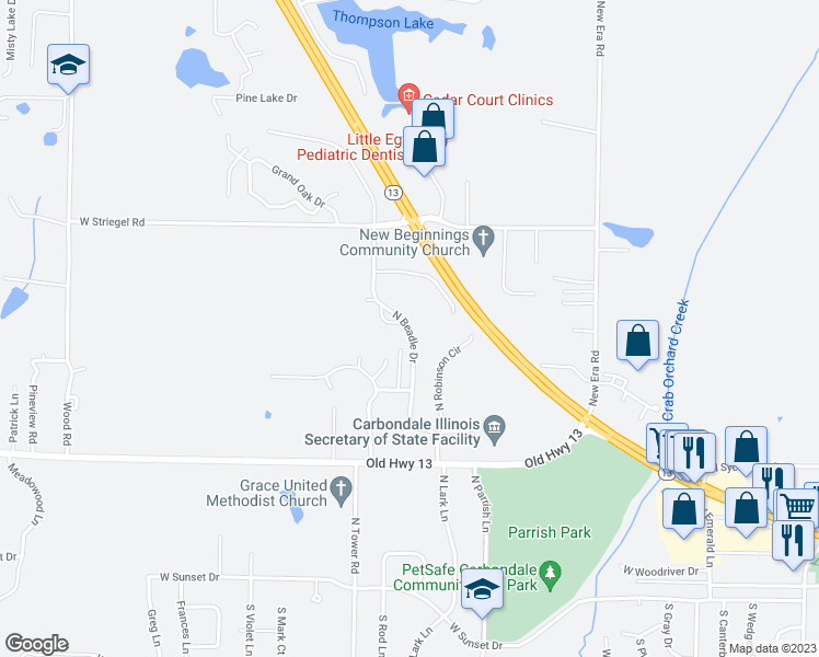 map of restaurants, bars, coffee shops, grocery stores, and more near 500 North Beadle Drive in Carbondale