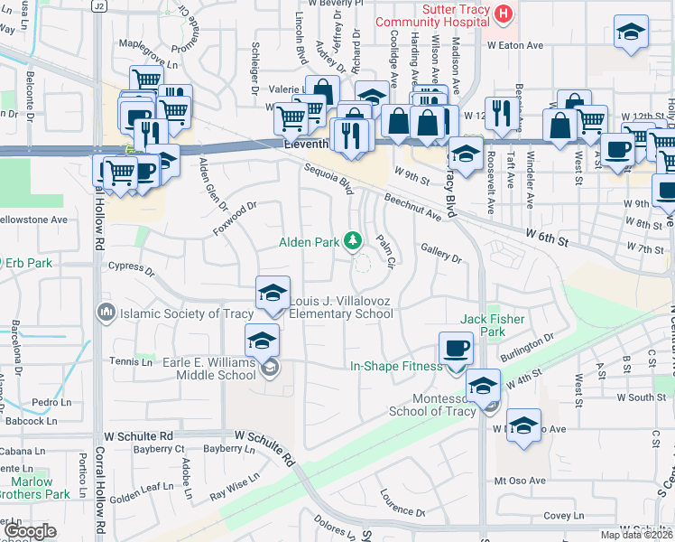 map of restaurants, bars, coffee shops, grocery stores, and more near 644 Chestnut Avenue in Tracy