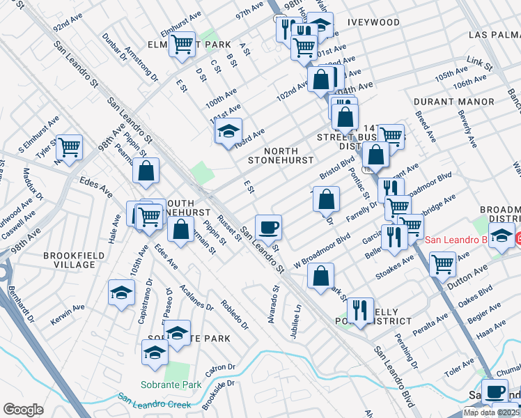 map of restaurants, bars, coffee shops, grocery stores, and more near in Oakland